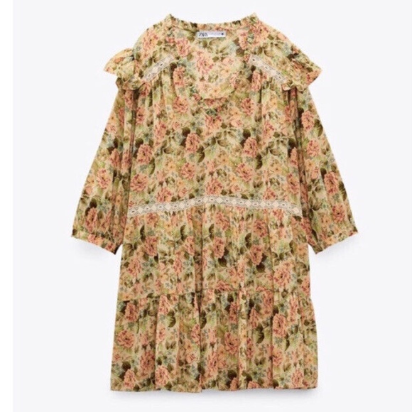 Zara peasant warm colours floral ruffles and lace low wasted mini dress NWT - Picture 10 of 11
